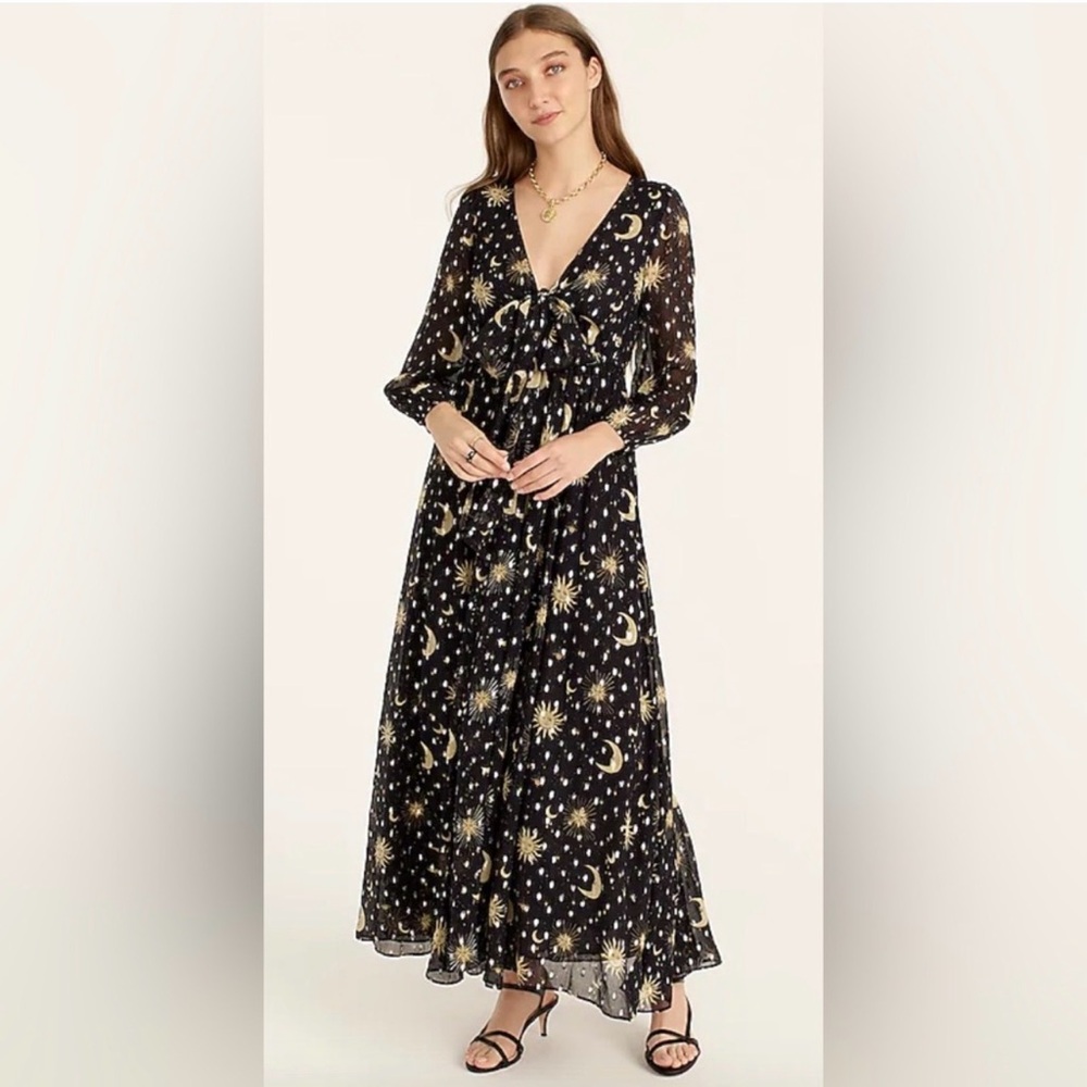J. Crew Black and Gold Long Sleeve Celestial Moon and Stars Maxi Dress Small - Picture 2 of 10